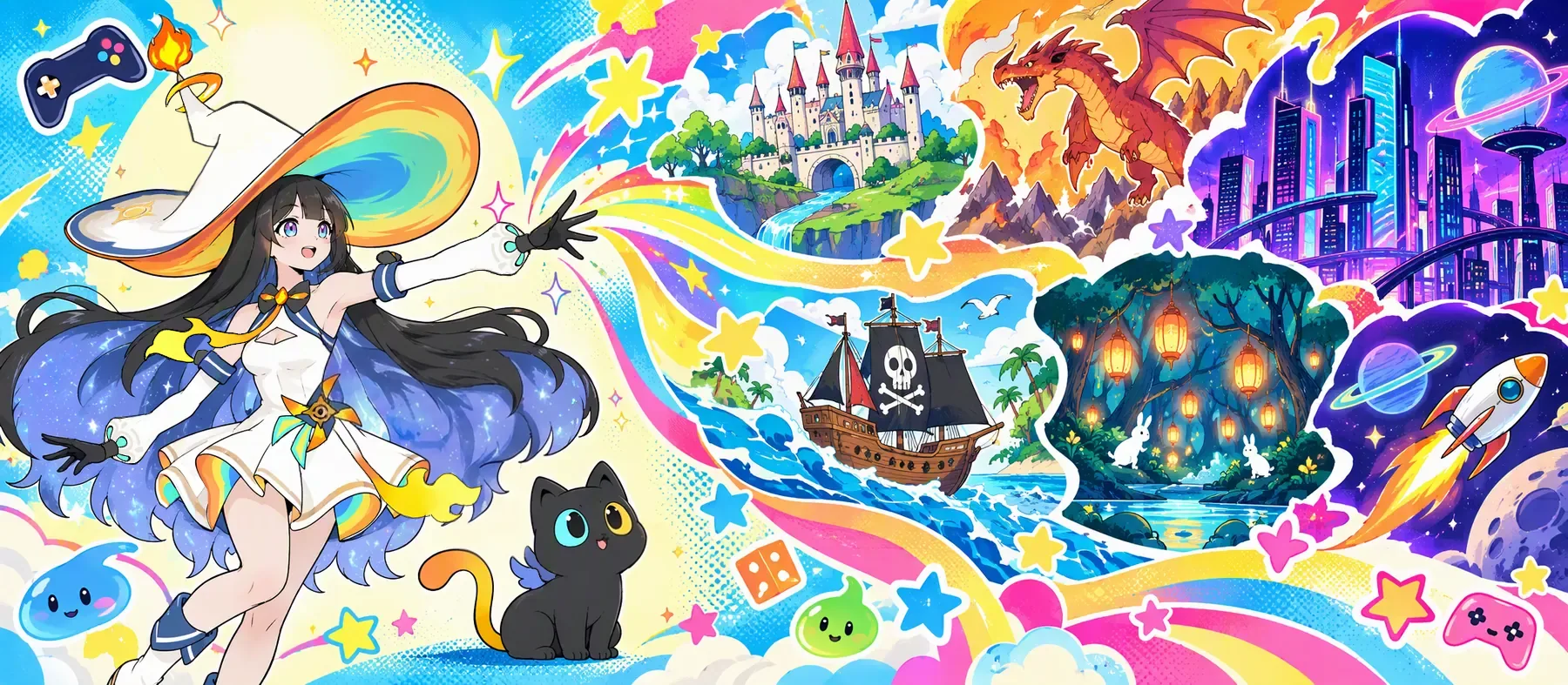 Michiru casting worlds into being: a castle, a dragon, a city, a ship