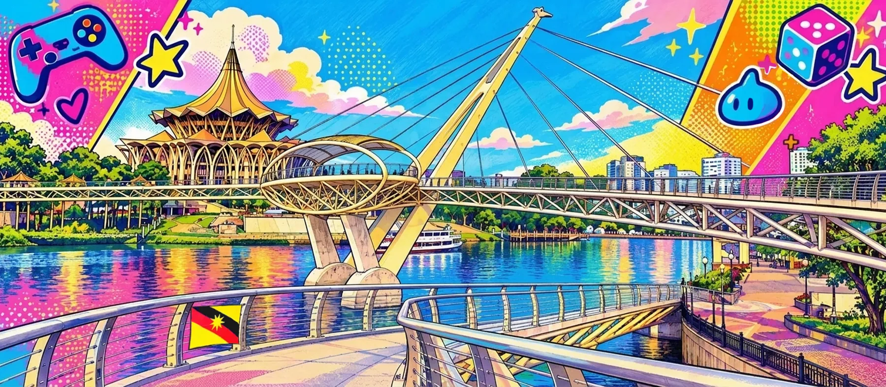 The Kuching waterfront: the Sarawak State Legislative Assembly across the river from the Darul Hana bridge