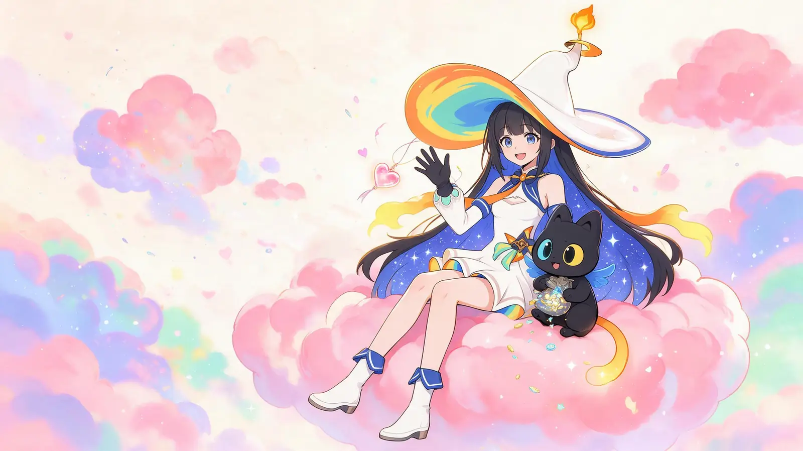 Michiru and Jiku sitting on a fluffy cloud, waving
